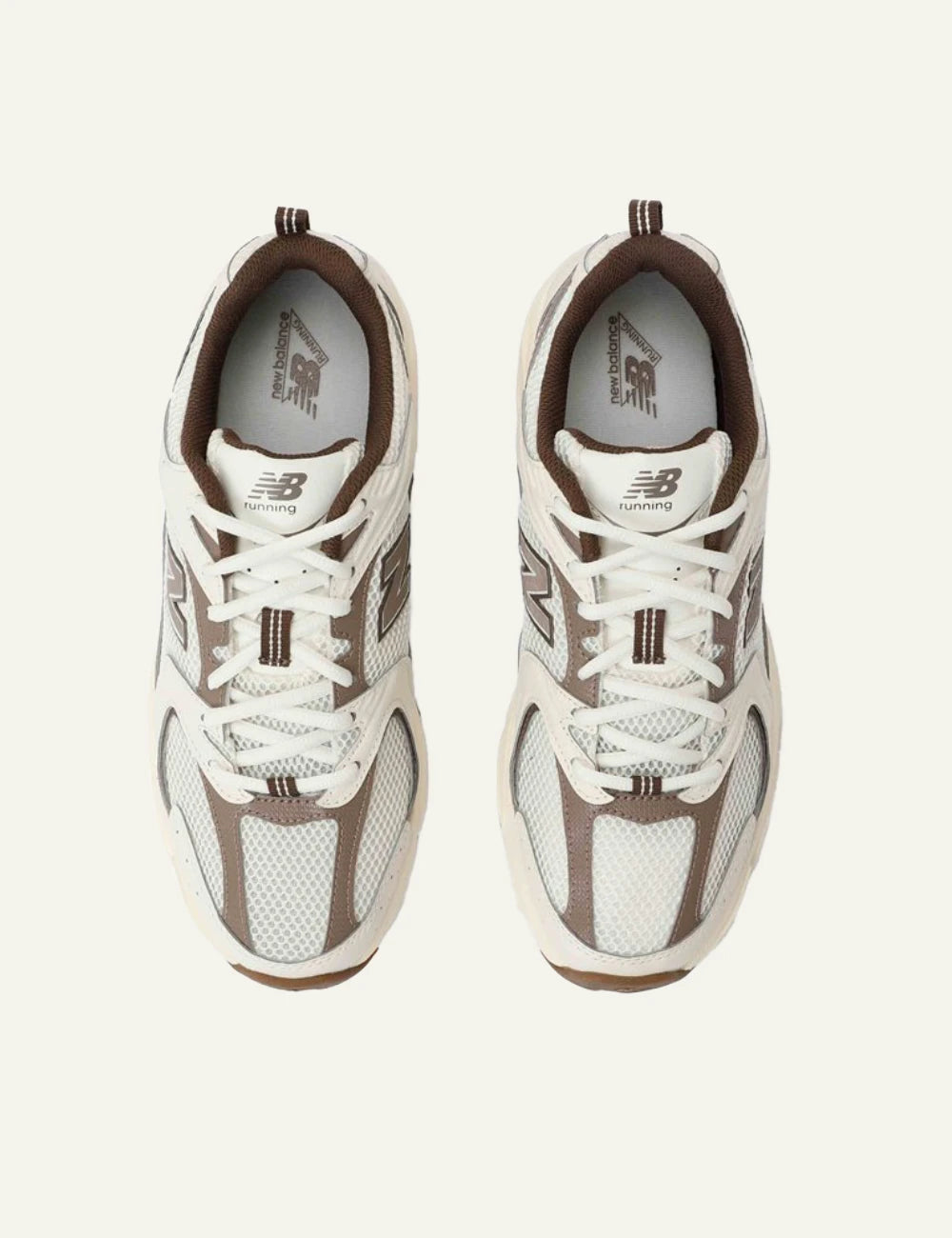 New Balance 530 women's cream mesh sneakers with taupe details top view