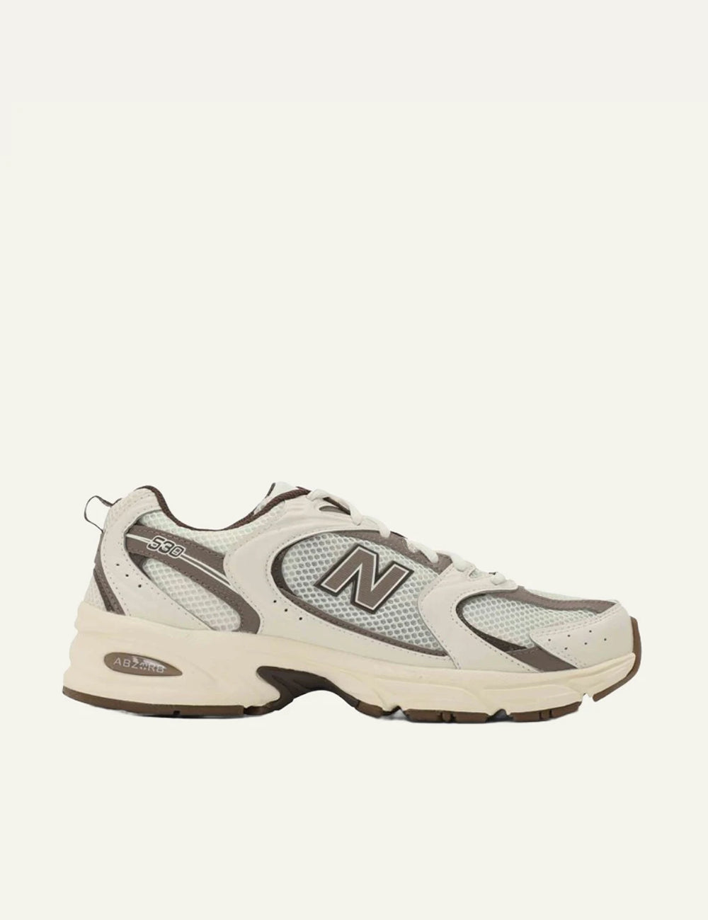 New Balance 530 women's cream mesh sneakers with taupe details side view