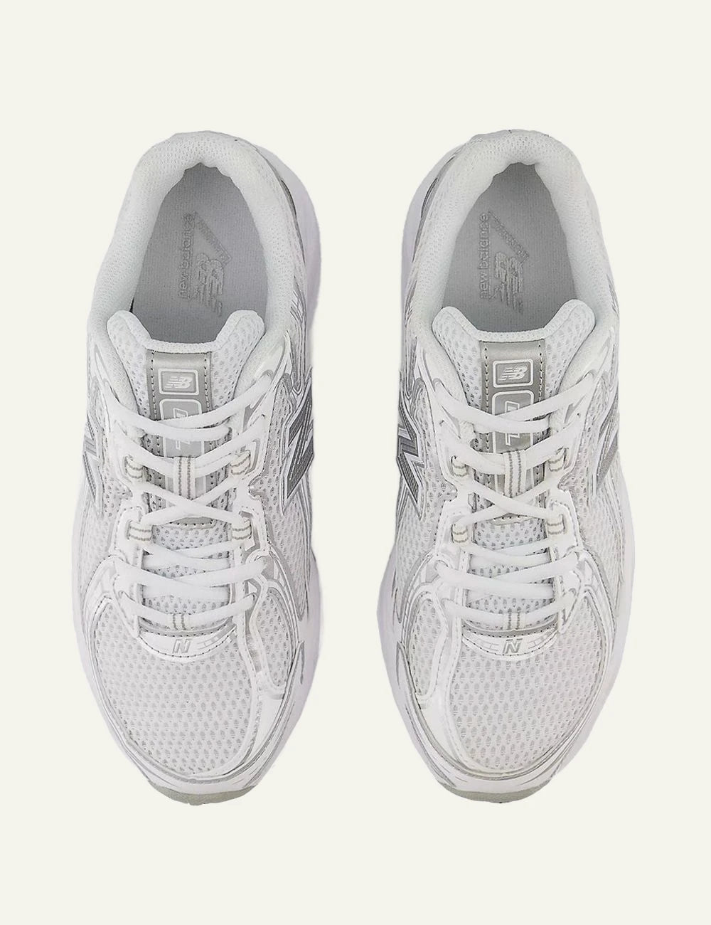 New Balance 740 total white sneakers top logo view
