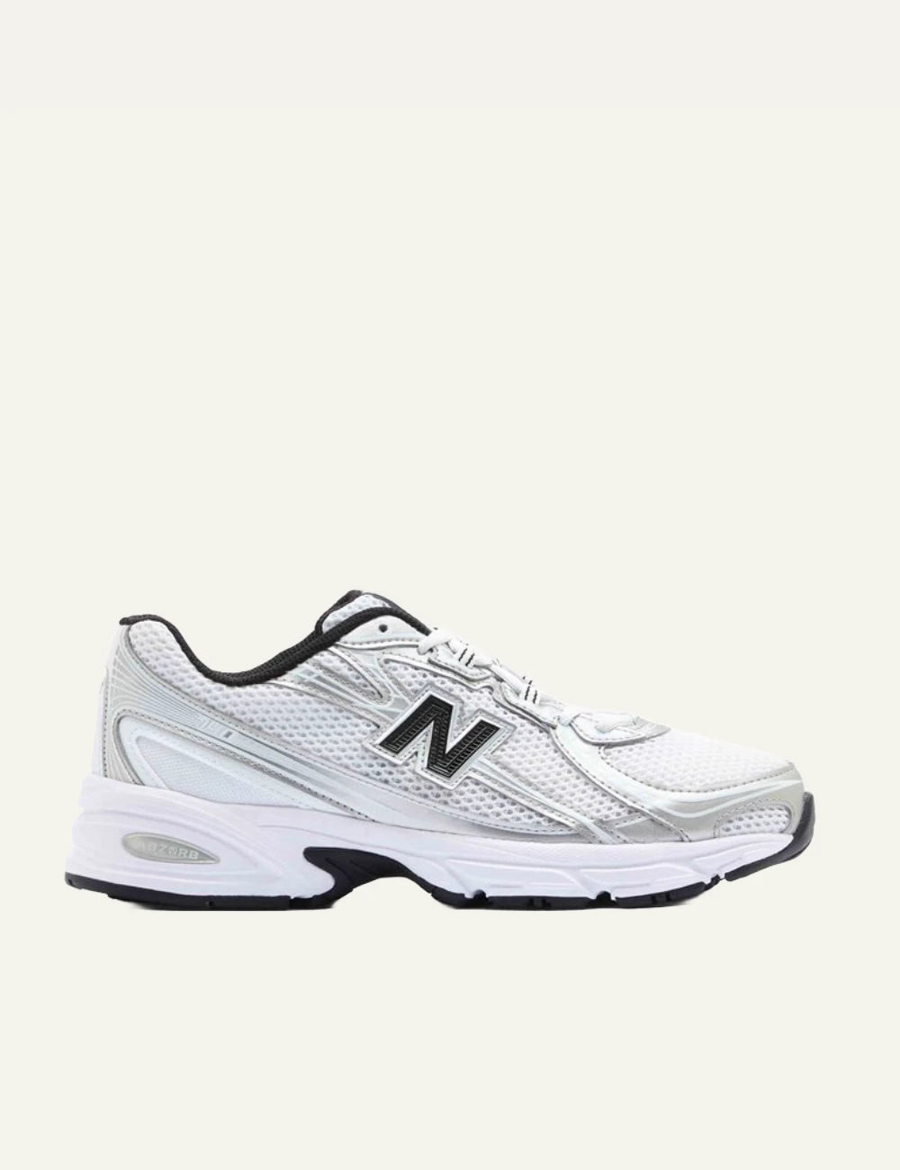 New Balance 740 women's white mesh sneakers with silver and black details side view