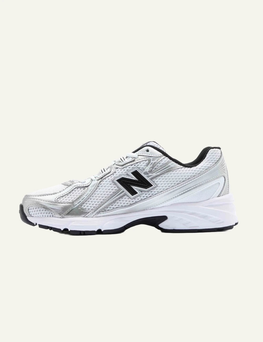 New Balance 740 women's white mesh sneakers with silver and black details opposite view