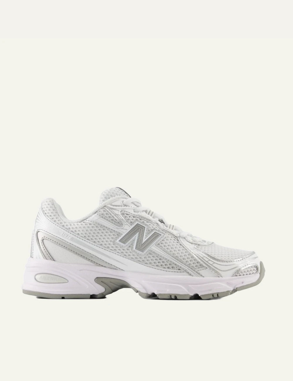 New Balance 740 women's white mesh sneakers with silver details side view