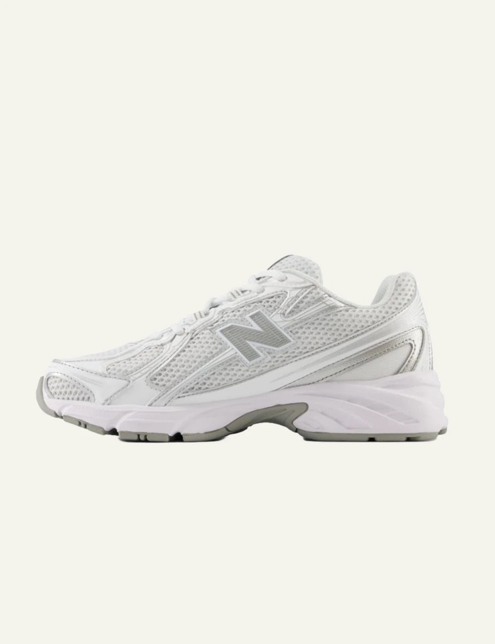 New Balance 740 women's white mesh sneakers with silver details opposite side view