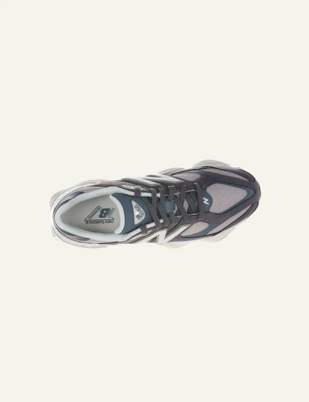 New Balance 9060 grey suede mesh sneakers top view