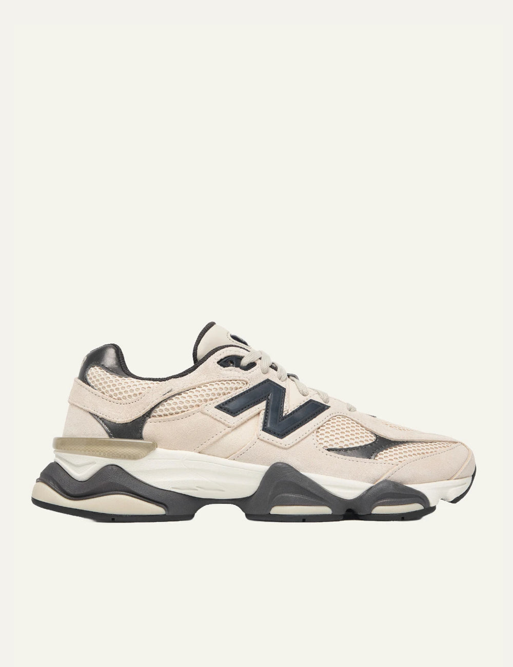 New Balance 9060 women's beige suede and mesh sneakers with black details side view