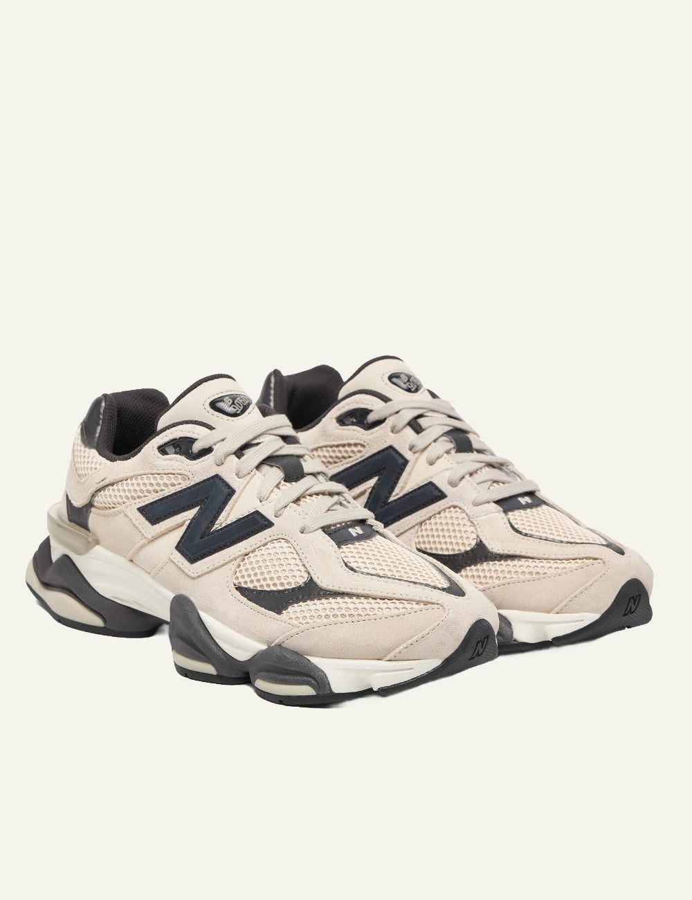 New Balance 9060 women's beige suede and mesh sneakers with black details pair view