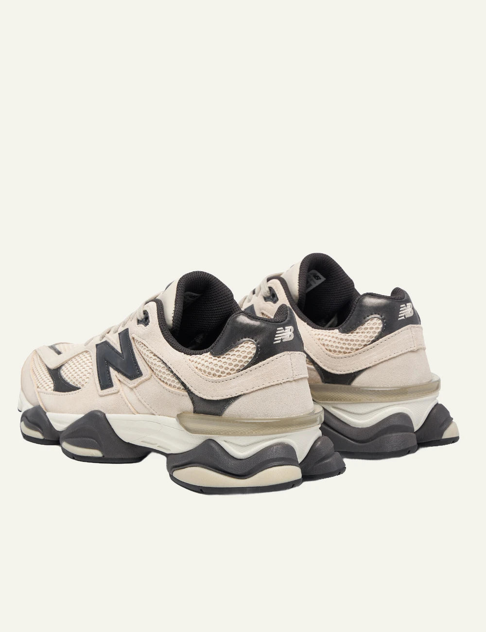 New Balance 9060 women's beige suede and mesh sneakers with black details back view