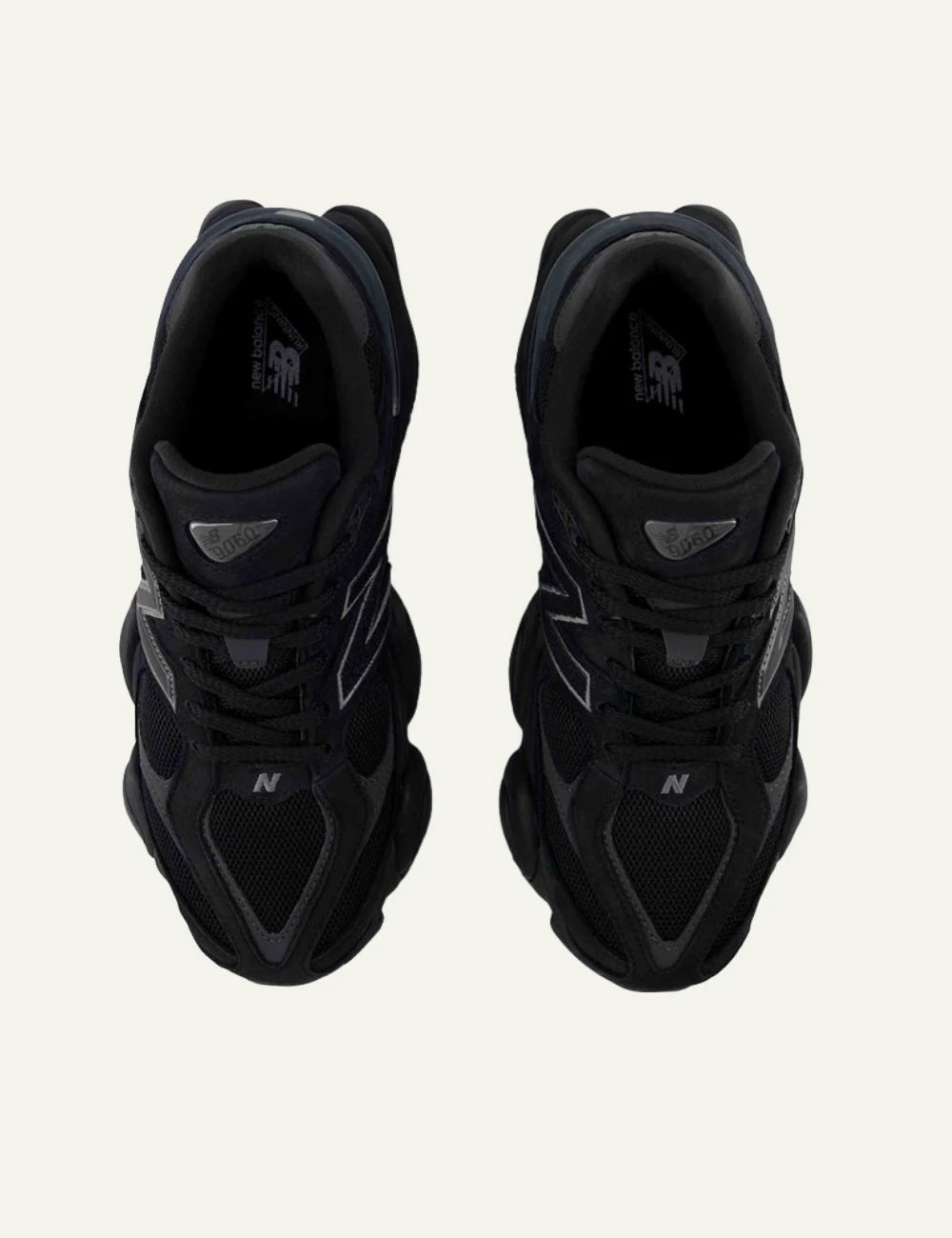 New Balance 9060 women's black suede and mesh sneakers top view