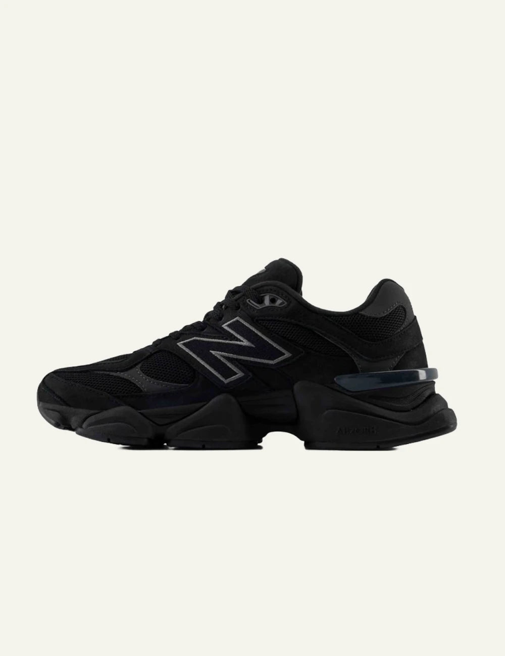 New Balance 9060 women's black suede and mesh sneakers opposite side view