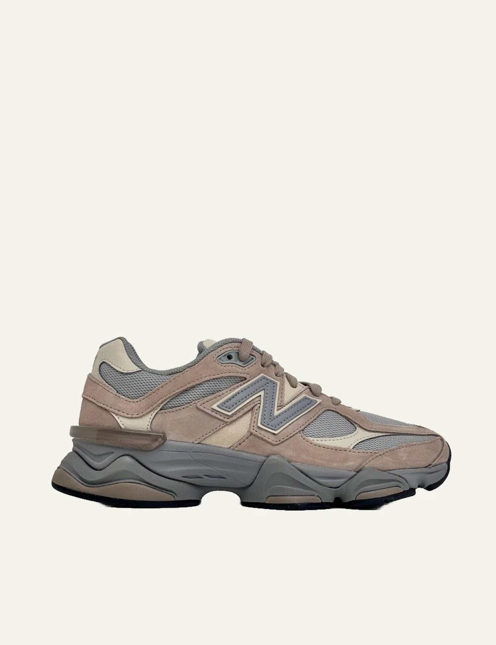 New Balance 9060 women's taupe suede and mesh sneakers side view