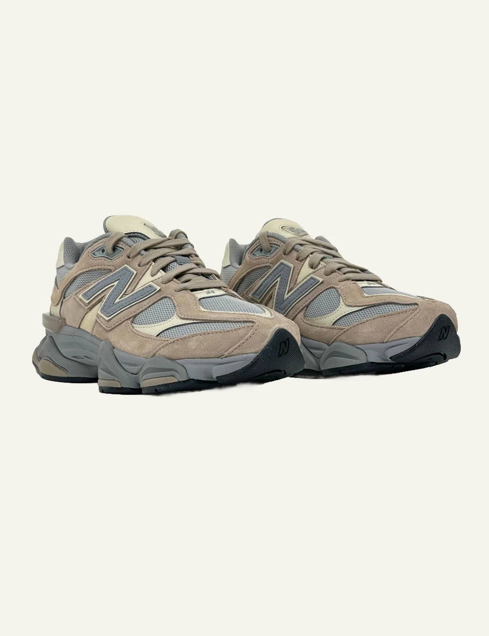New Balance 9060 women's taupe suede and mesh sneakers pair view