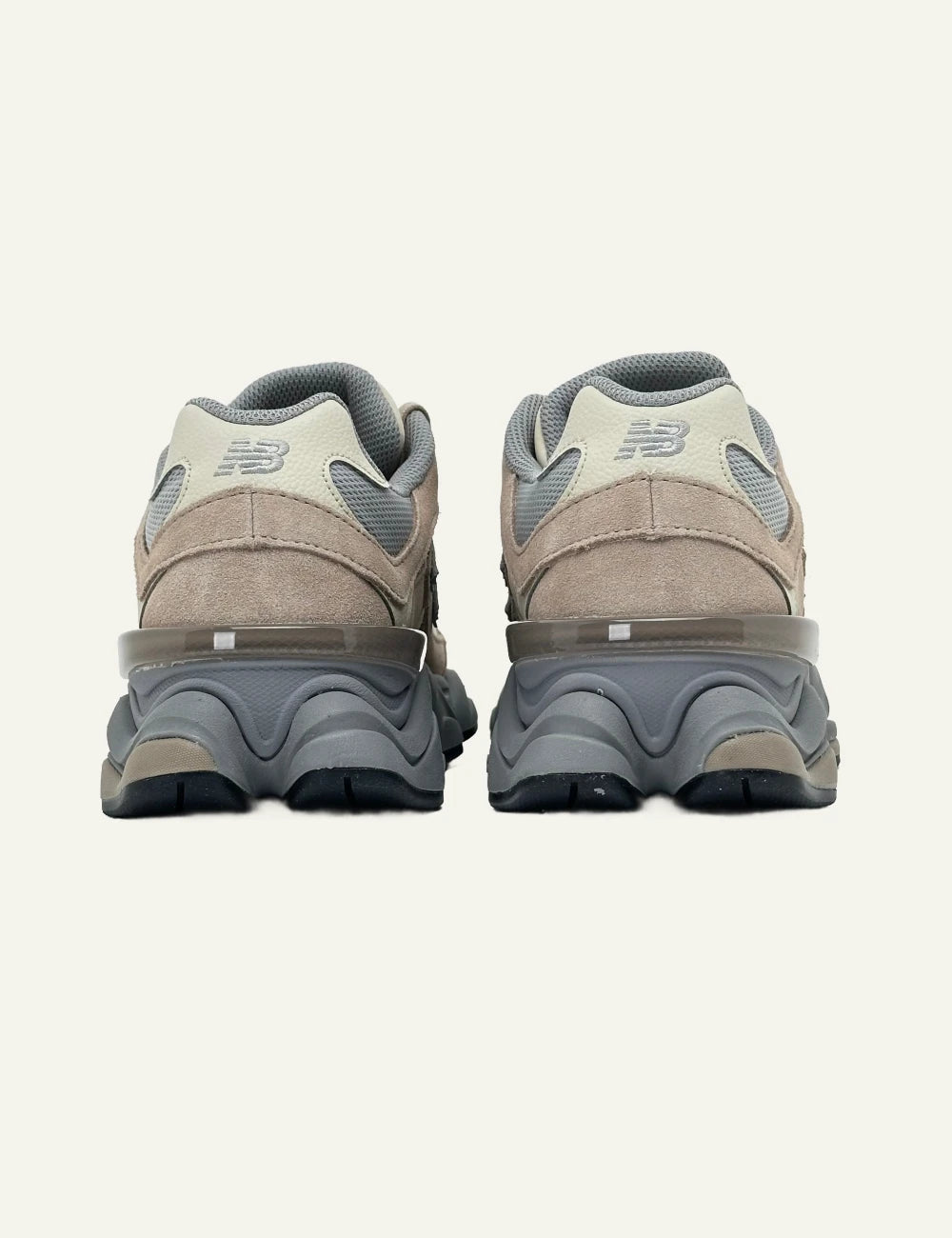 New Balance 9060 women's taupe suede and mesh sneakers back view