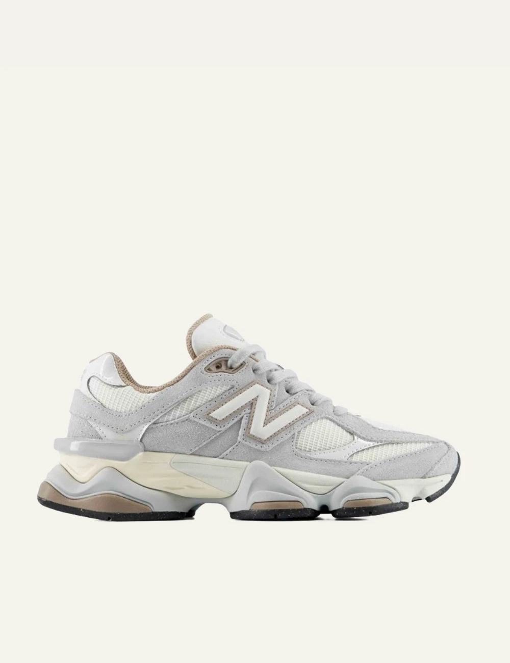New Balance 9060 women's light grey suede and mesh sneakers side view