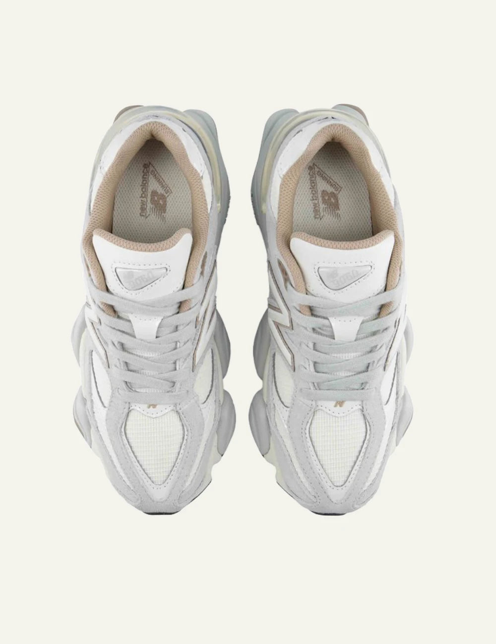 New Balance 9060 women's light grey suede and mesh sneakers top view