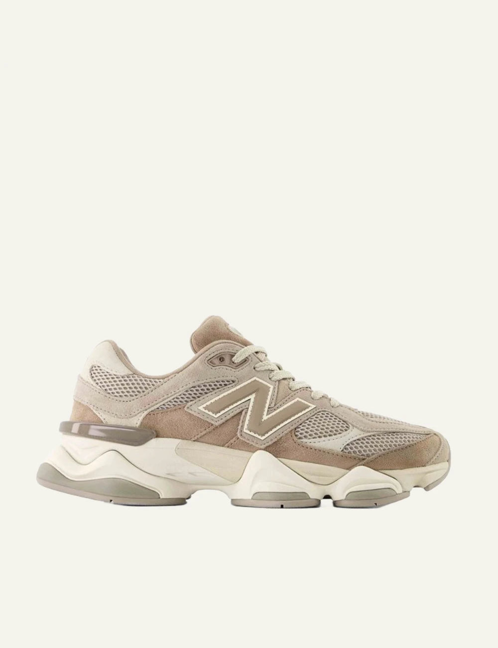 New Balance 9060 women's taupe suede and mesh sneakers side view