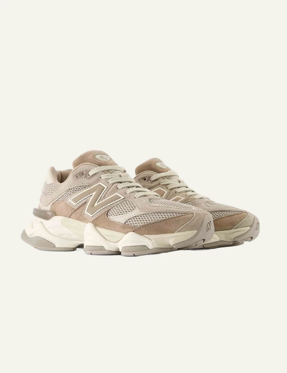 New Balance 9060 women's taupe suede and mesh sneakers pair view