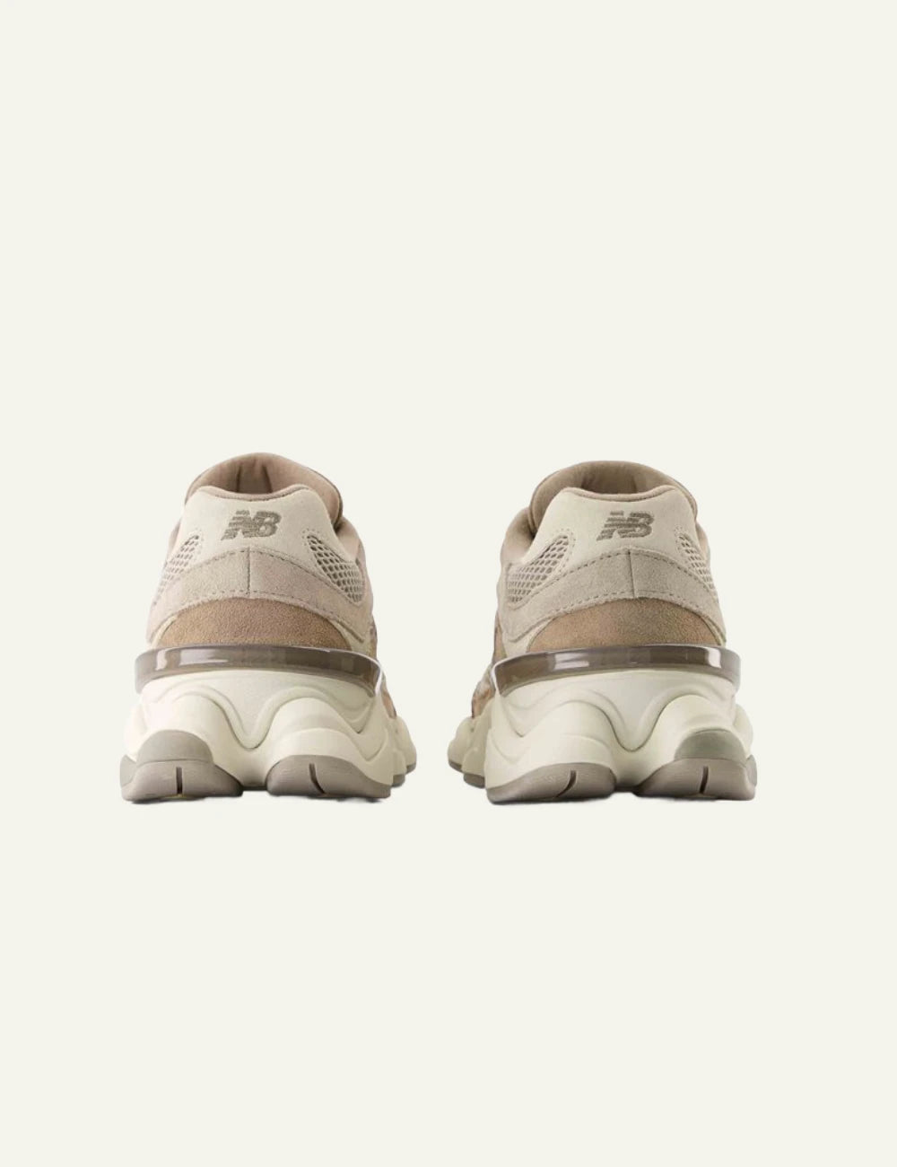 New Balance 9060 women's taupe suede and mesh sneakers back view