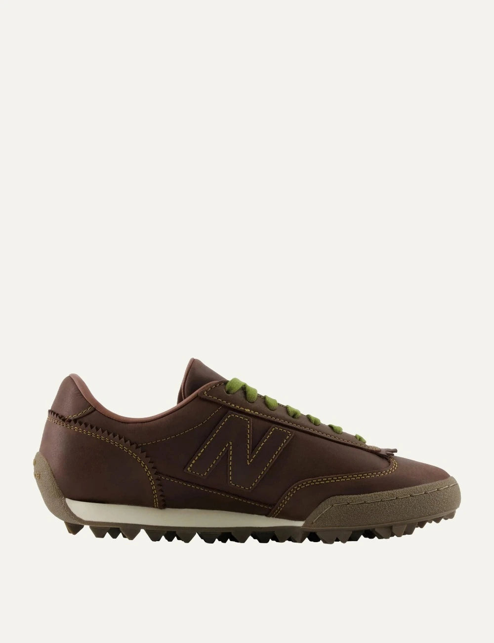 New Balance Gator Run women's dark brown leather sneakers with green laces side view