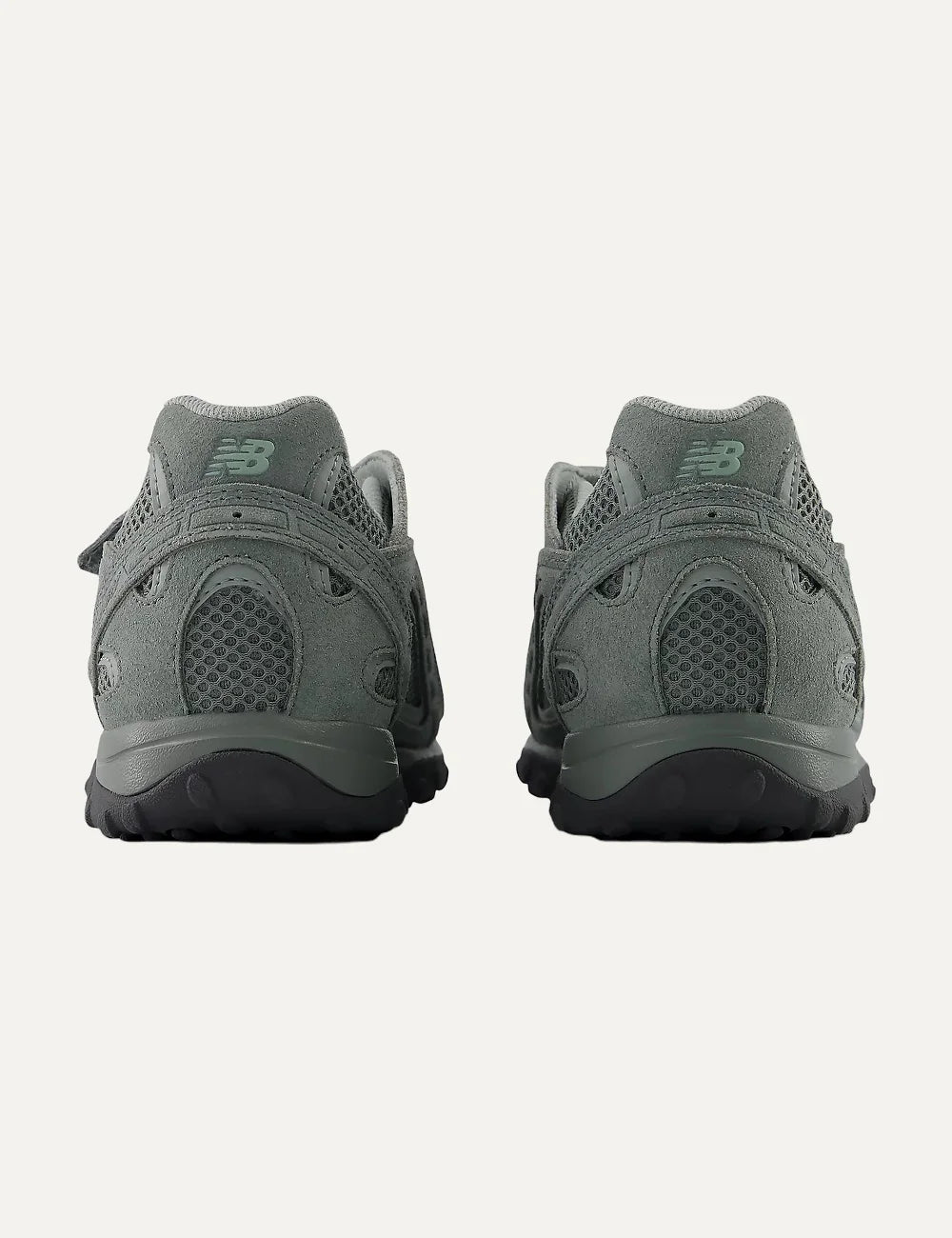 New Balance unisex grey green suede and mesh low profile sneakers back