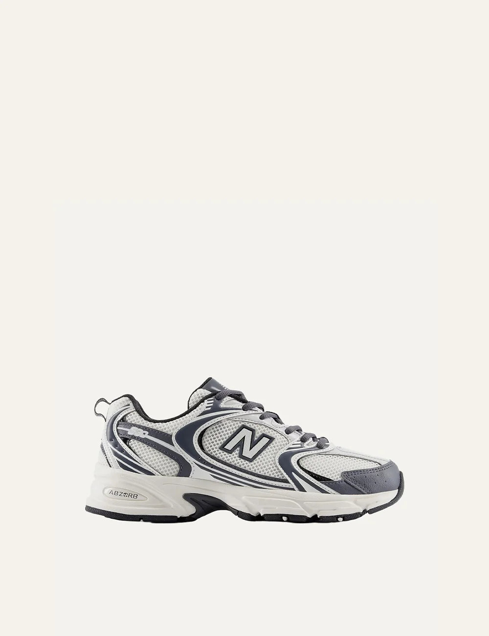New Balance unisex white and dark grey mesh sneakers with ABZORB cushioning