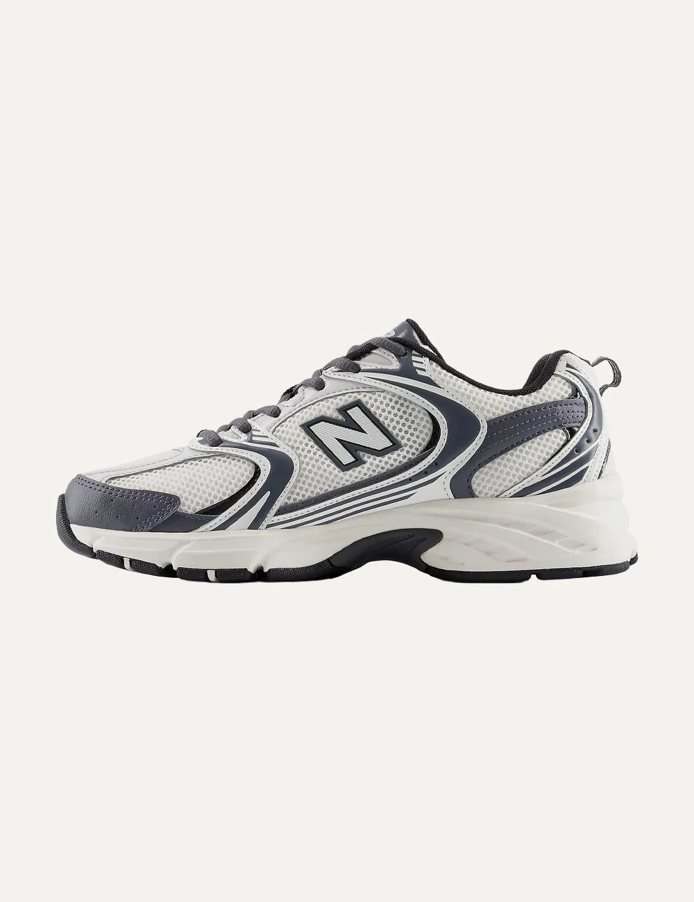 New Balance unisex white and dark grey mesh sneakers with ABZORB cushioning profile