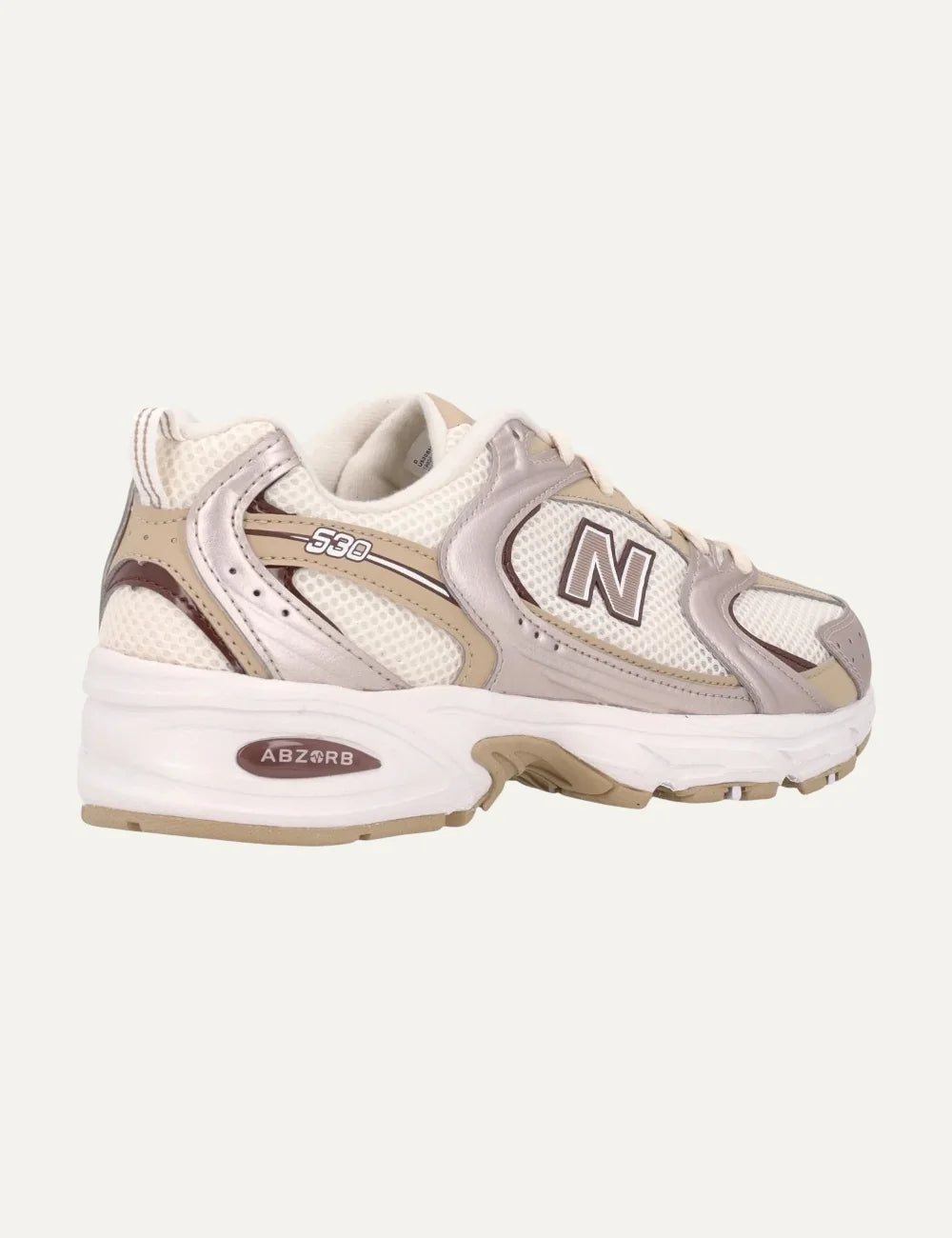 New Balance women's leather and mesh sneakers in white beige and metallic tones back
