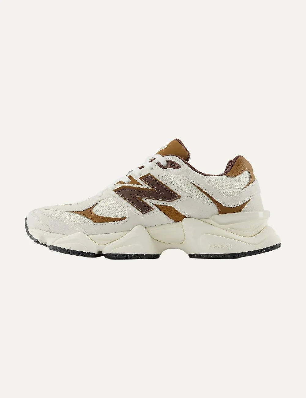 New Balance women's mesh and suede sneakers in off-white with brown details profile