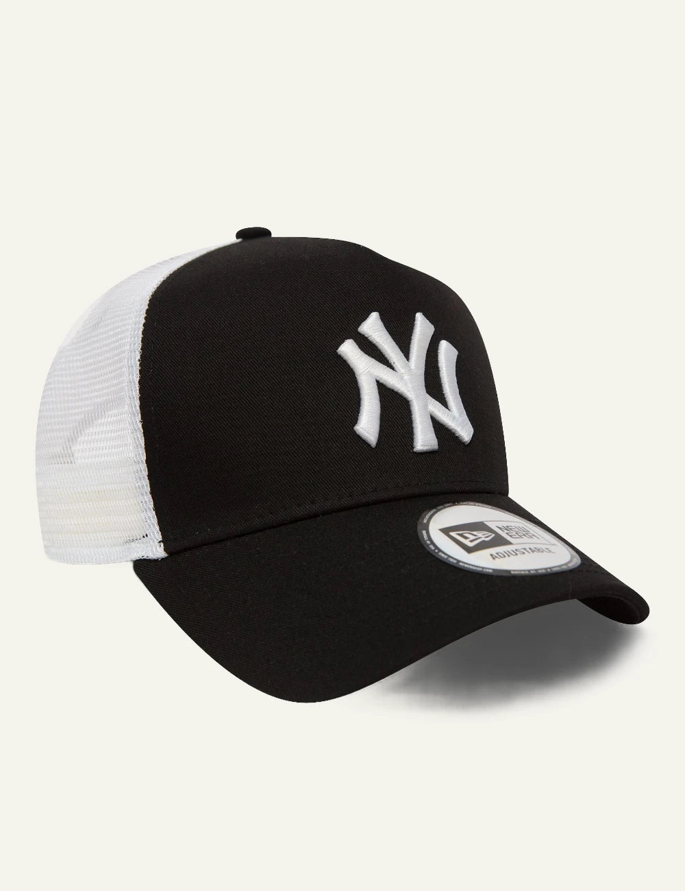 New Era NY Yankees trucker cap black white logo mesh profile view