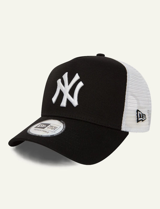New Era NY Yankees trucker cap black white logo mesh side view