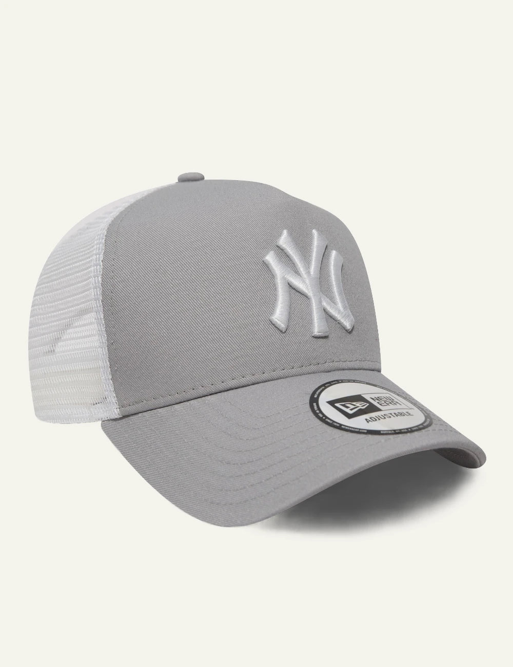 New Era NY Yankees trucker cap grey white logo mesh profile view