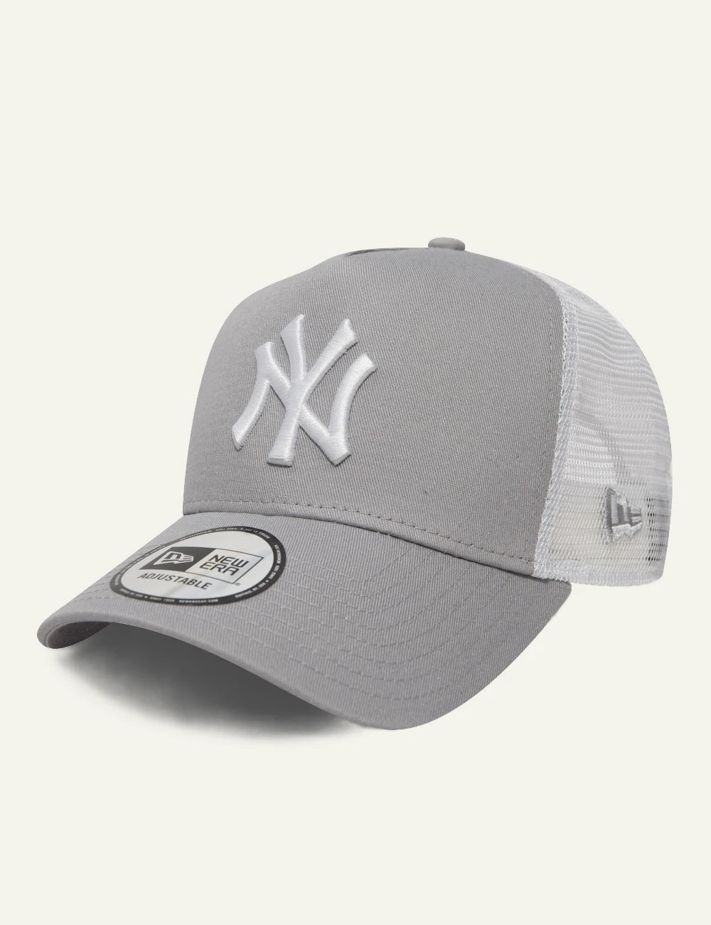 New Era NY Yankees trucker cap grey white logo mesh side view