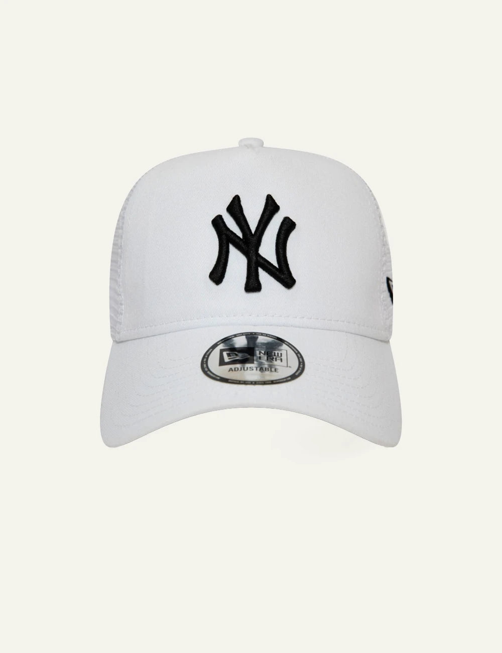 New Era NY Yankees trucker cap white black logo mesh front view