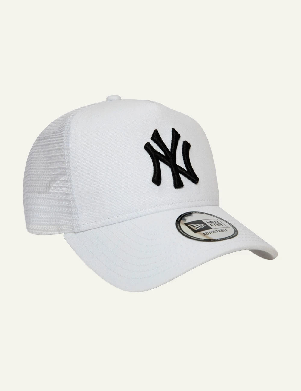 New Era NY Yankees trucker cap white black logo mesh profile view