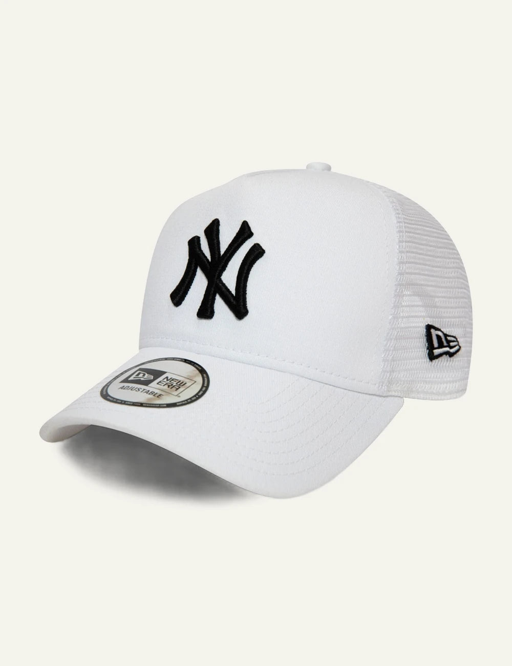 New Era NY Yankees trucker cap white black logo mesh side view