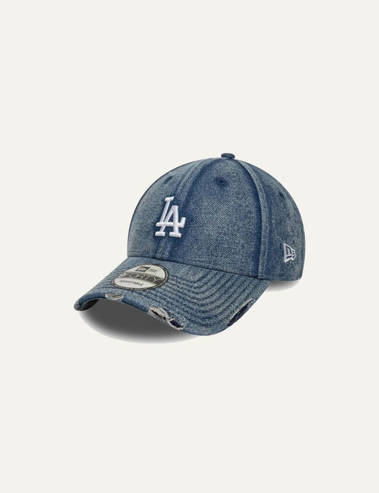 New Era LA Dodgers acid wash denim cap distressed visor front view