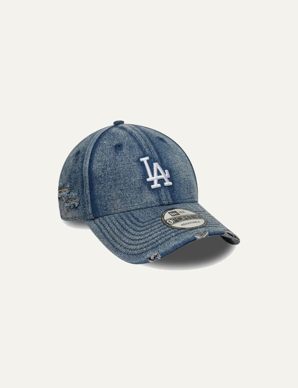 New Era LA Dodgers acid wash denim cap distressed visor profile view