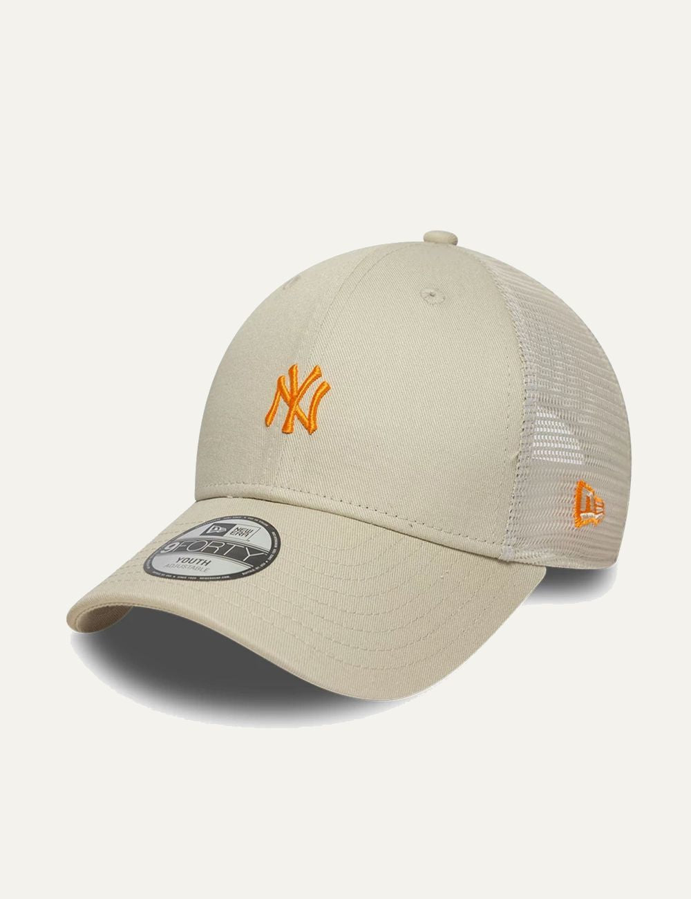 New Era New York Yankees trucker cap cream orange logo front view