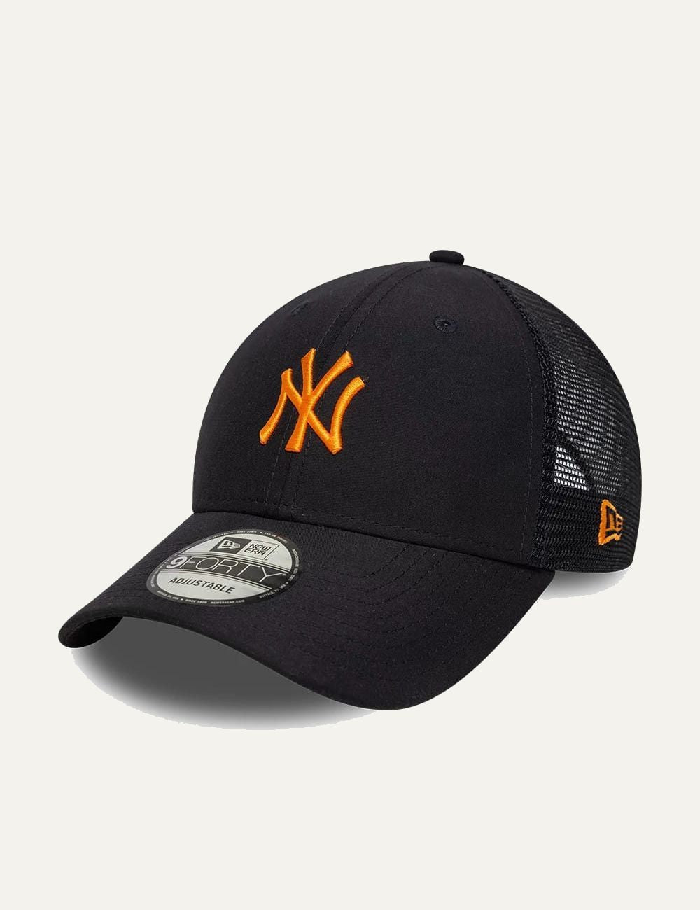 New Era NY Yankees black trucker cap orange logo front view