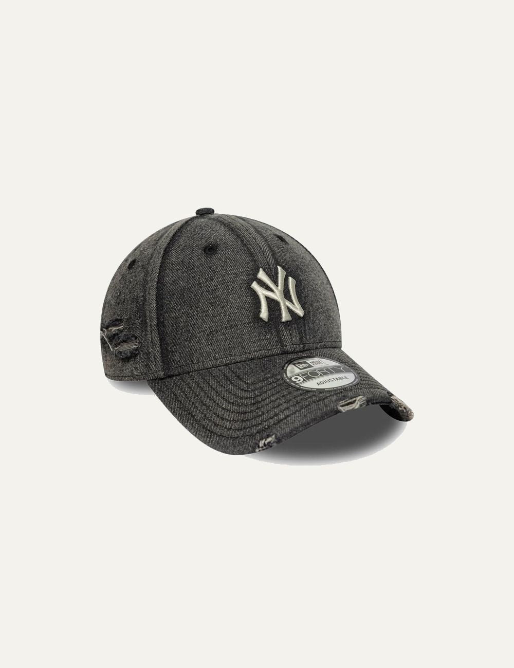 New Era NY Yankees black washed cap distressed detail profile view