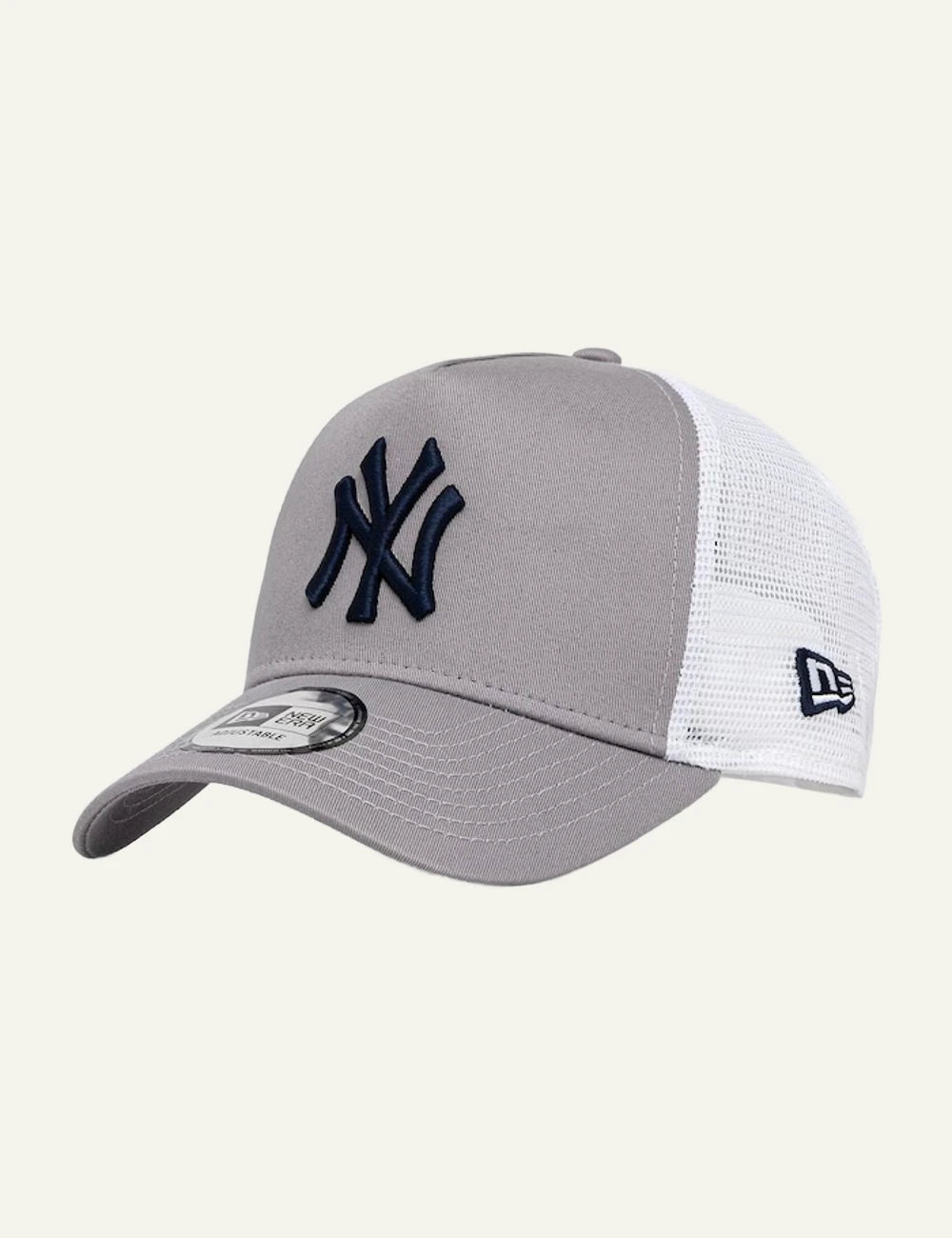 New Era NY Yankees grey trucker cap navy logo front view