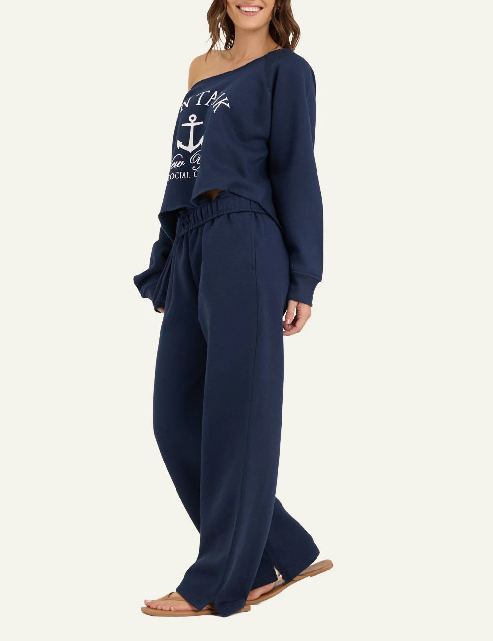 Ocean Drive pants navy fleece wide leg elastic waist front full body view