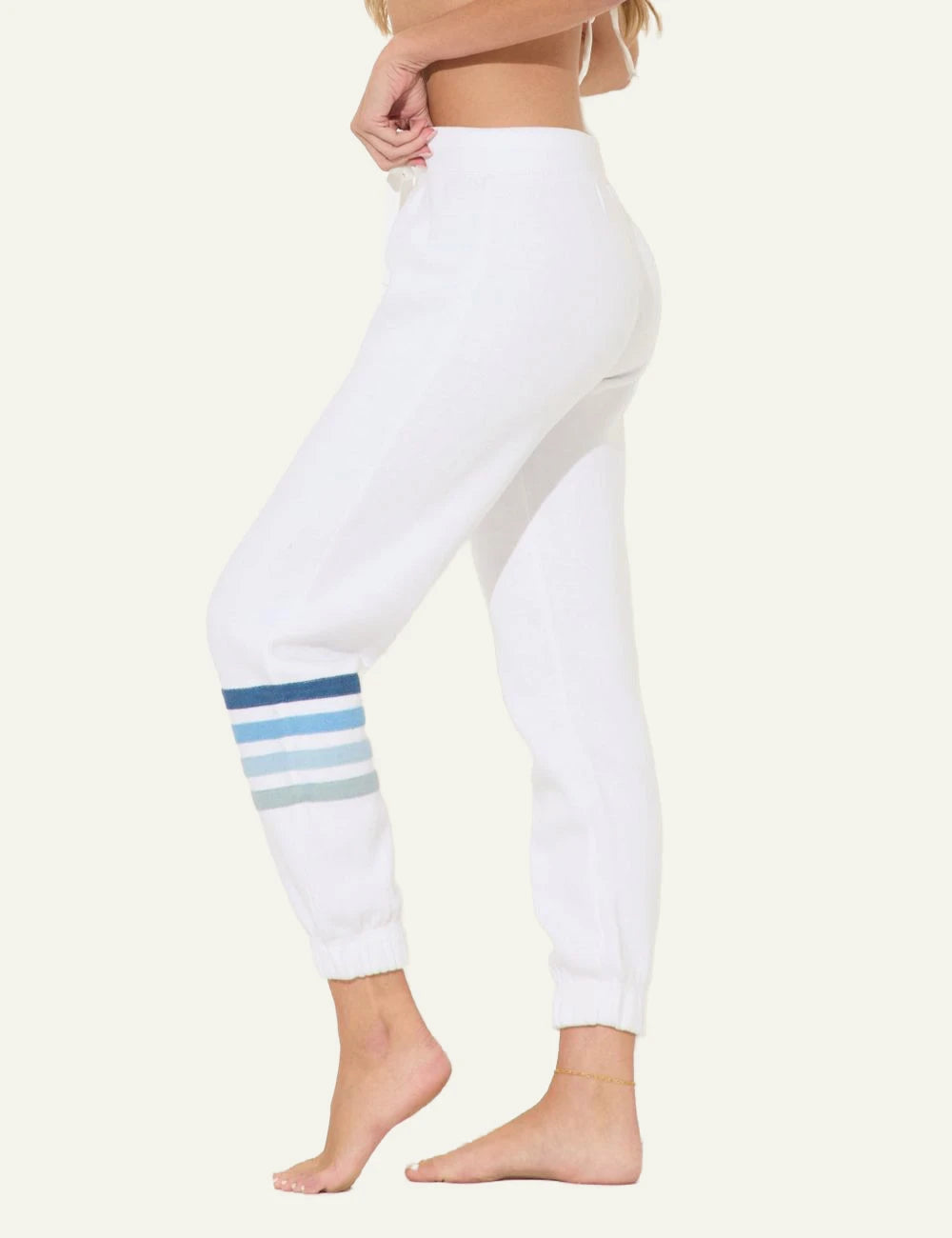 Ocean Drive jogger white fleece blue stripes drawstring waist side