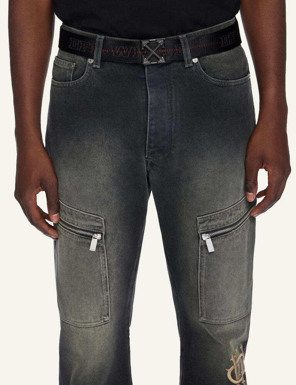 Off-White Arrow Tape belt black webbing metal arrow buckle front model view