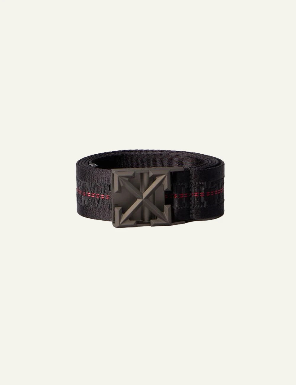 Off-White Arrow Tape belt black webbing metal arrow buckle front view