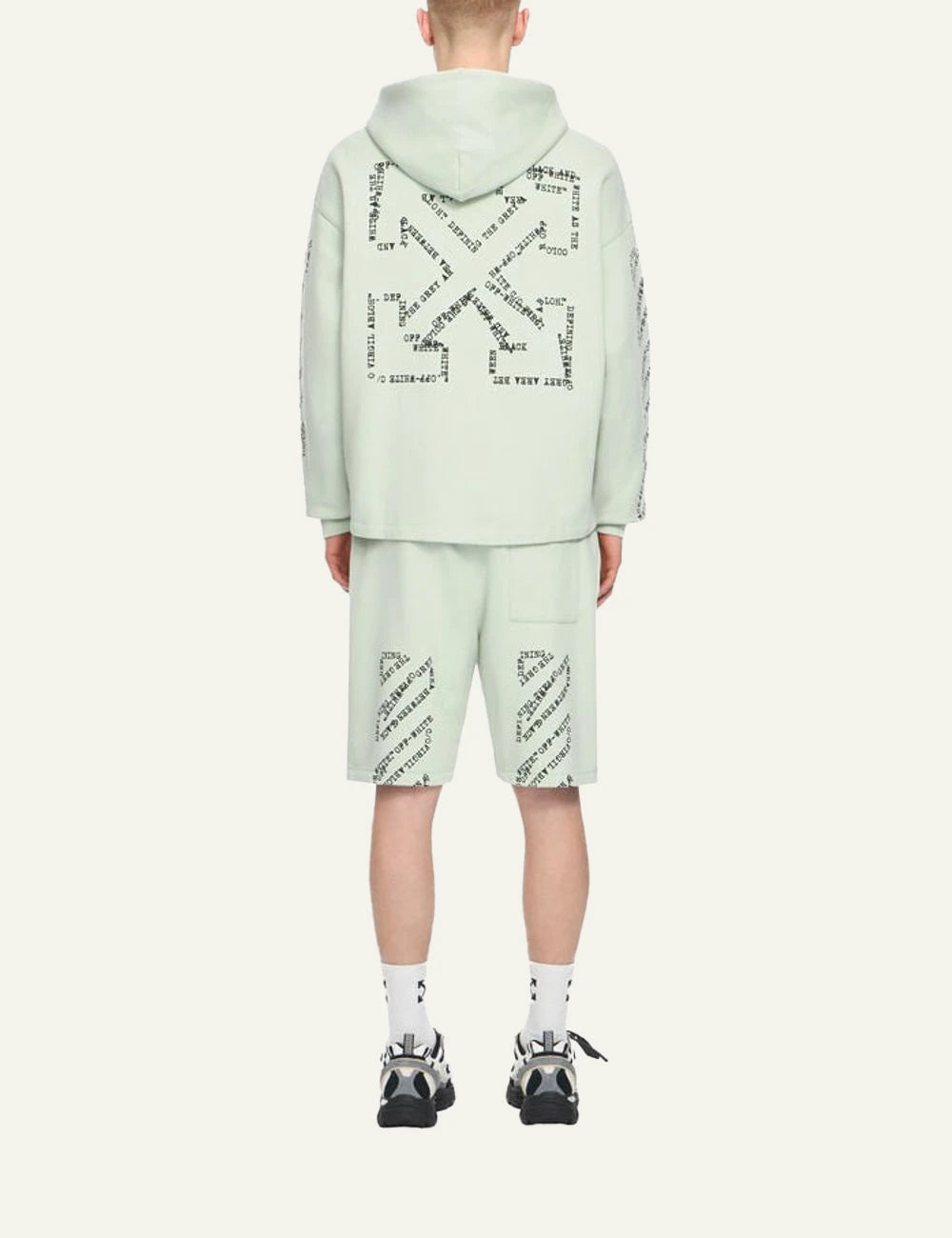 Off White hoodie light green arrow logo typographic sleeves back view