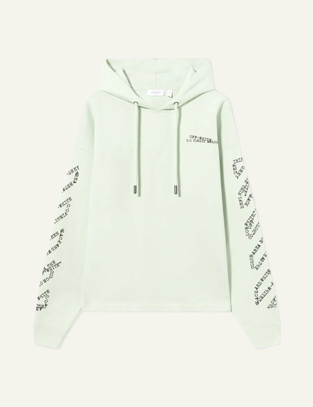Off White hoodie light green arrow logo typographic sleeves front flat view