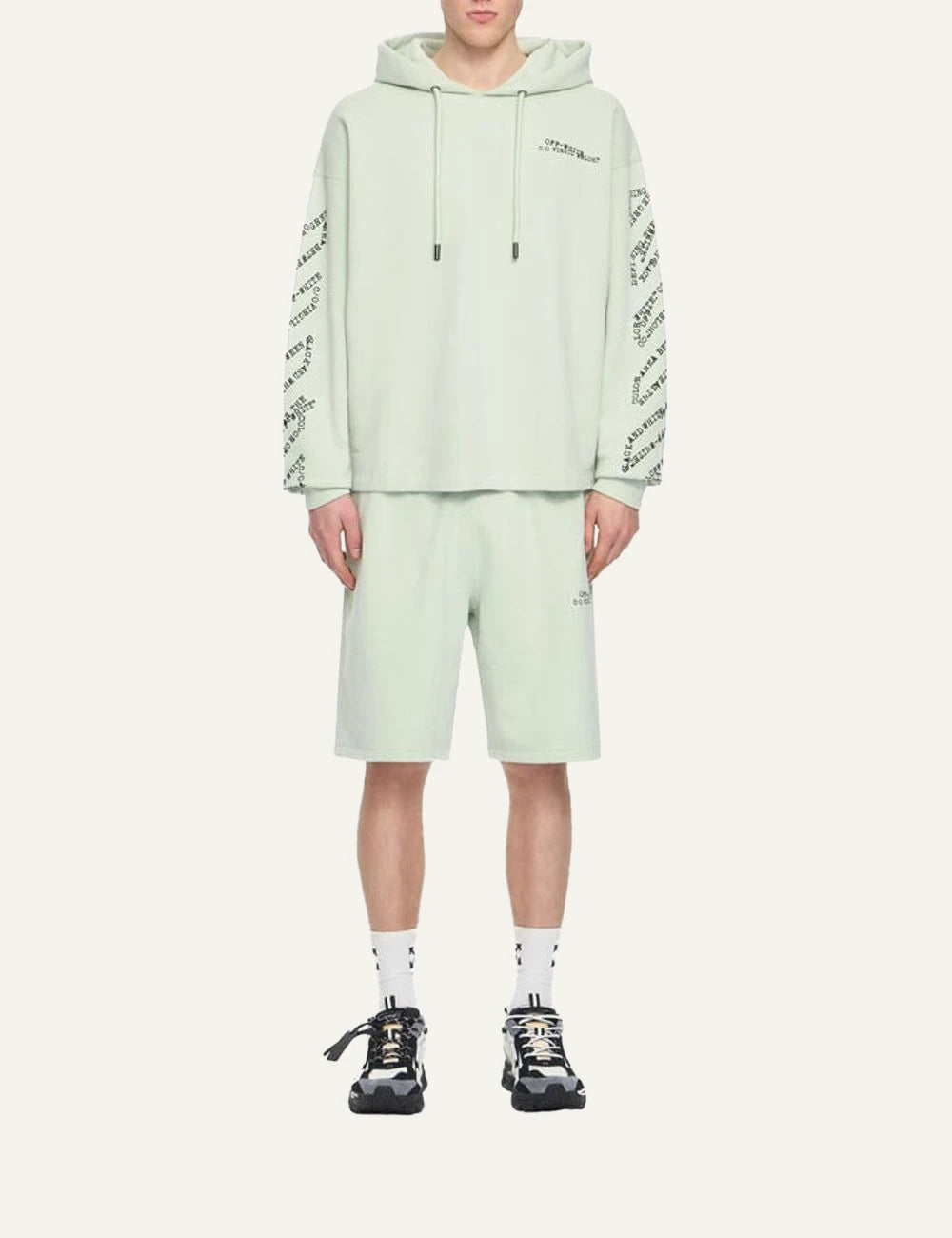 Off White hoodie light green arrow logo typographic sleeves front full body view