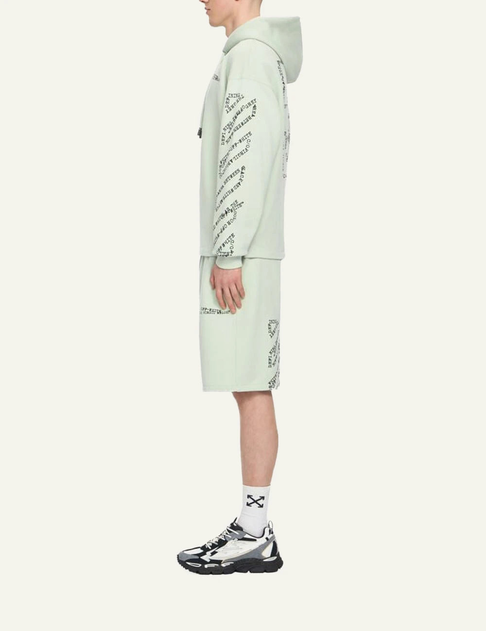 Off White hoodie light green arrow logo typographic sleeves side view