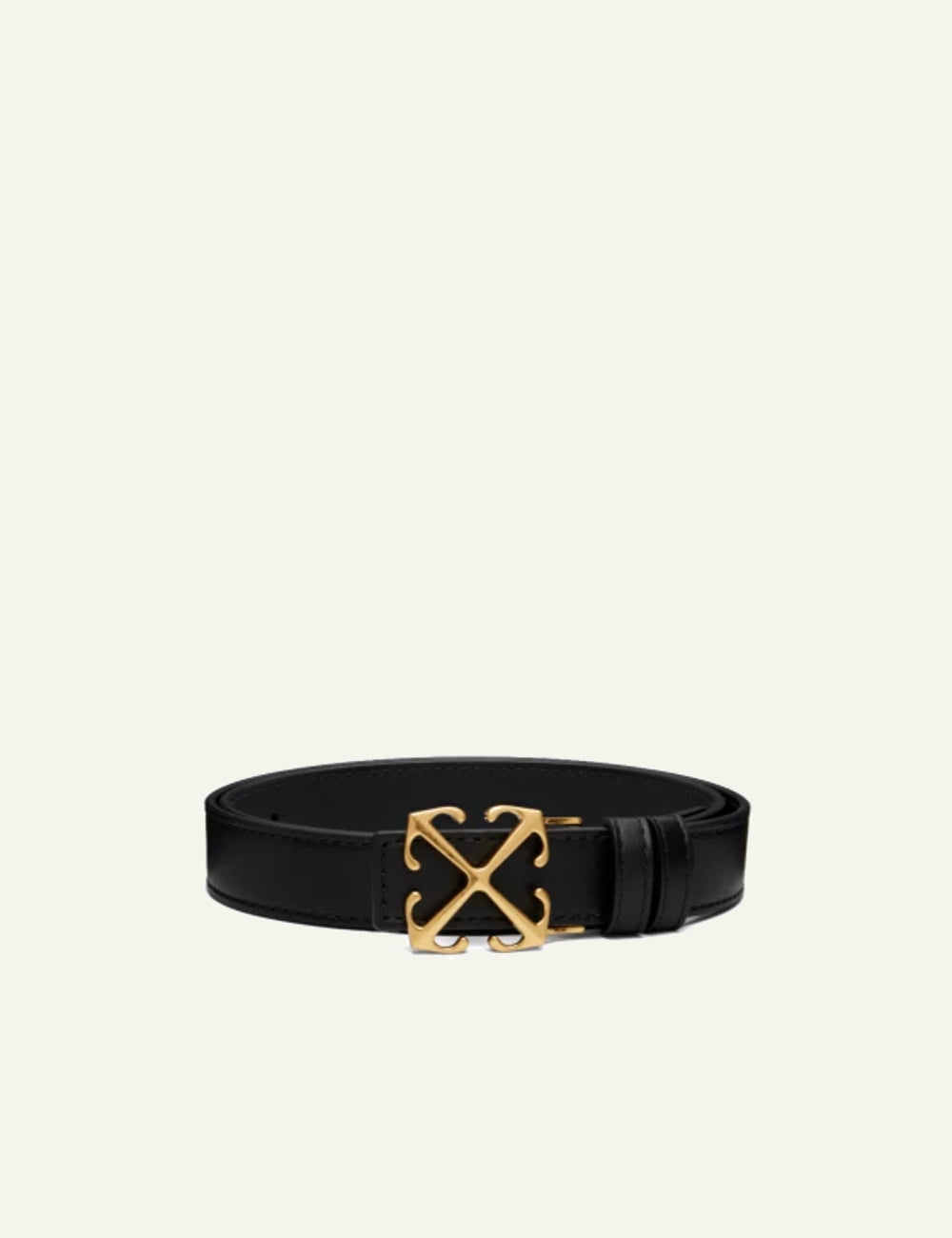 Off-White black leather belt with gold Arrow buckle front view
