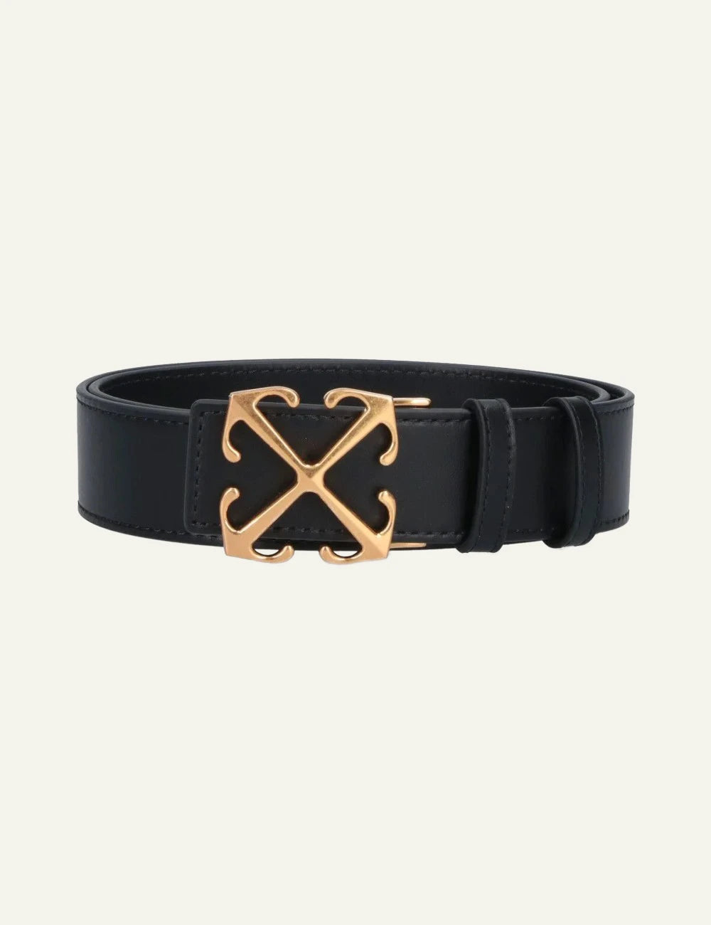 off white belt black leather gold arrow buckle front view